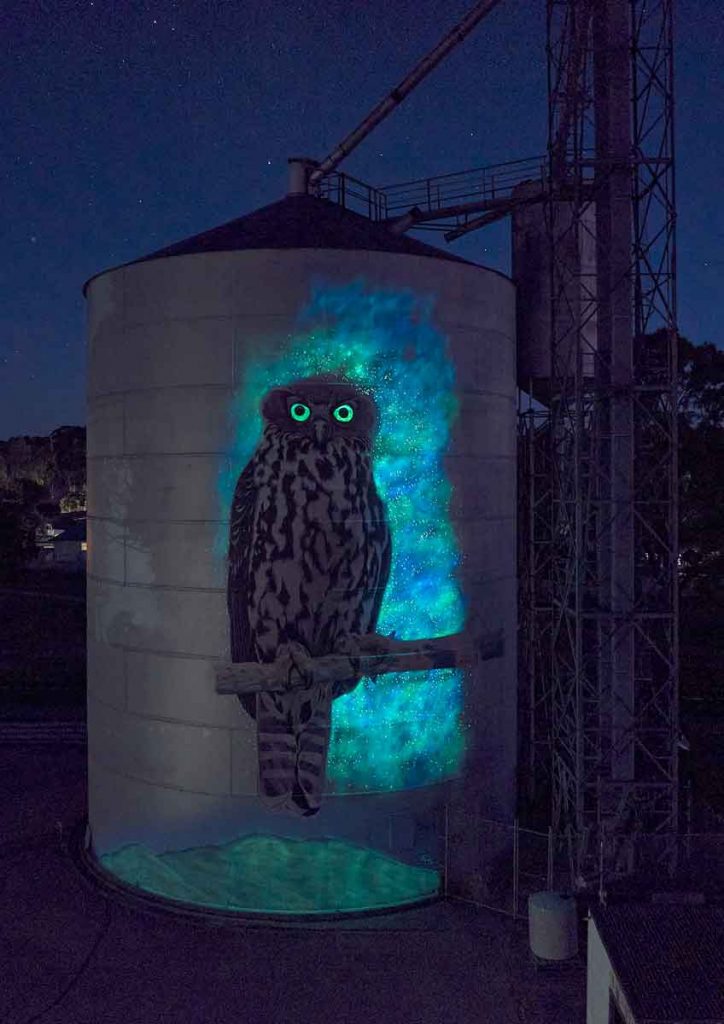 glow in the dark owl painting on silo in Australia Techno Glow Products in Ennis, Texas