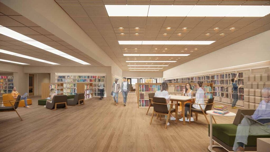 Artist rendering of Ennis Public Library adults and teens section, with books and people walking